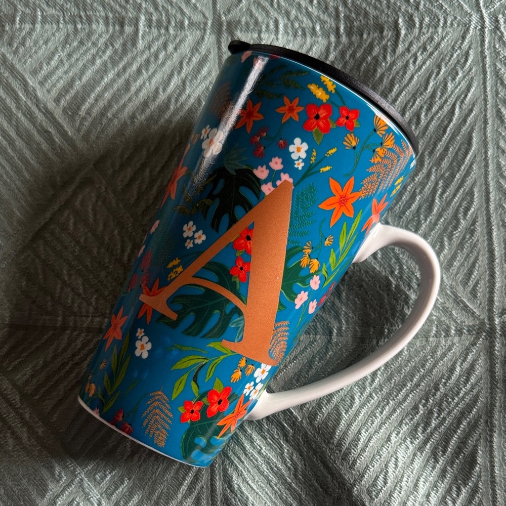 NWT “A” monogrammed coffee mug with travel lid